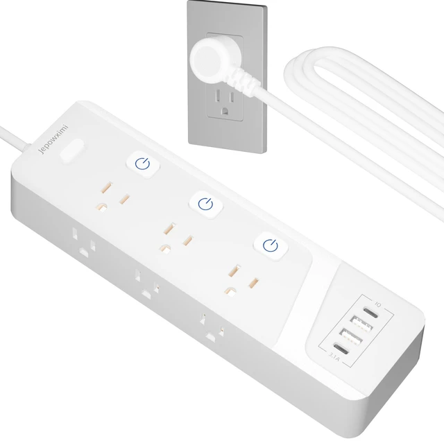 Main image of Surge Protector Power Strip with Individual Switches - 6 Wide Spaced Outlet 4 USB Ports(2 USB C), 10ft Extension Cord with Switch On/Off, 1500J, Flat Plug, Wall Mount for Home Office, White