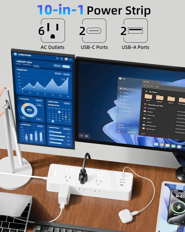 Alt view image 2 of 7 - Surge Protector Power Strip with Individual Switches - 6 Wide Spaced Outlet 4 USB Ports(2 USB C), 10ft Extension Cord with Switch On/Off, 1500J, Flat Plug, Wall Mount for Home Office, White
