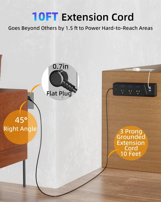 Alt view image 5 of 7 - Surge Protector Power Strip with Individual Switches - 6 Wide Spaced Outlet 4 USB Ports(2 USB C), 10ft Extension Cord with Switch On/Off, 1500J, 3 Prong Flat Plug, Wall Mount for Home Office