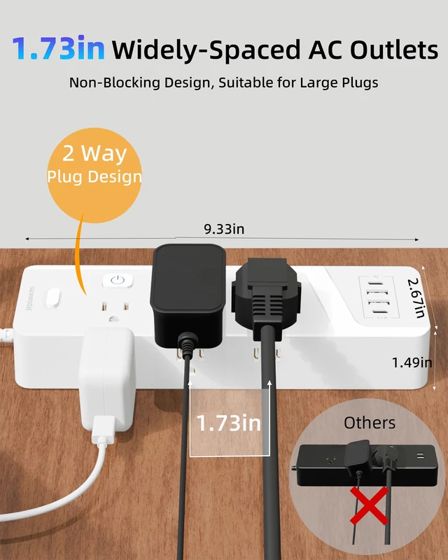 Alt view image 6 of 7 - Surge Protector Power Strip with Individual Switches - 6 Wide Spaced Outlet 4 USB Ports(2 USB C), 10ft Extension Cord with Switch On/Off, 1500J, Flat Plug, Wall Mount for Home Office, White