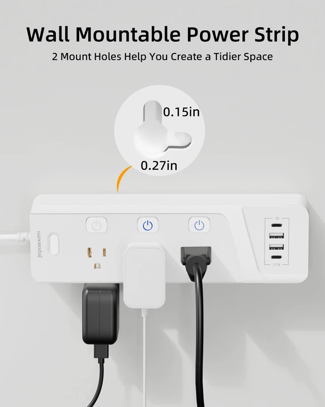 Alt view image 7 of 7 - Surge Protector Power Strip with Individual Switches - 6 Wide Spaced Outlet 4 USB Ports(2 USB C), 10ft Extension Cord with Switch On/Off, 1500J, Flat Plug, Wall Mount for Home Office, White