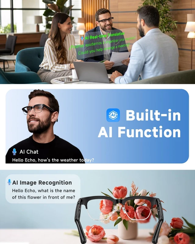 Alt view image 2 of 7 - AI Smart Glasses with 8MP Camera, 1080P Anti-Shake HD Video, 2 Pairs of len, Real-Time Translation & Voice Assistant, Bluetooth Calls & Open-Ear Audio for Vlogging, Travel & Meetings