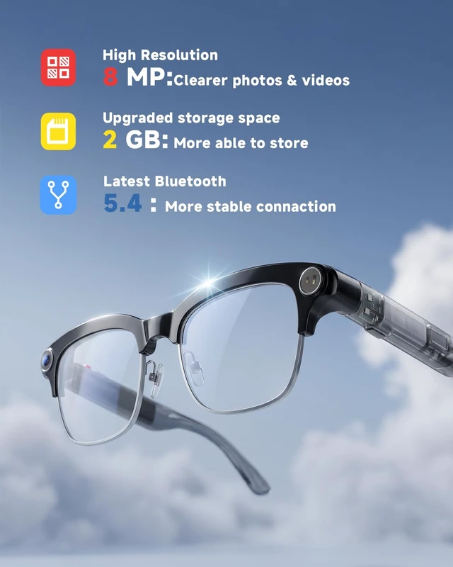 Alt view image 4 of 7 - AI Smart Glasses with 8MP Camera, 1080P Anti-Shake HD Video, 2 Pairs of len, Real-Time Translation & Voice Assistant, Bluetooth Calls & Open-Ear Audio for Vlogging, Travel & Meetings