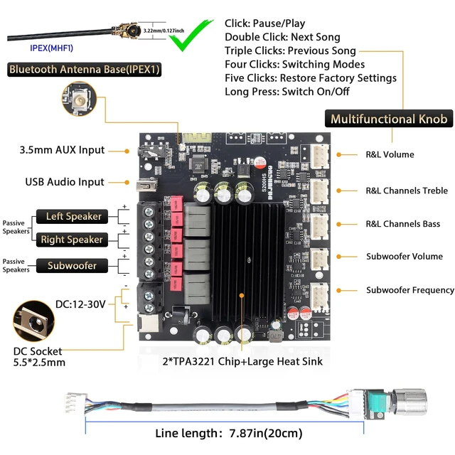 Alt view image 2 of 7 - S200HS-W Power Amplifier Board Bluetooth5.2 TPA3221 Chip with Subwoofer 2.1 Channel 100W×2+200W,Audio Power Amplifier Module (S200HS-W)