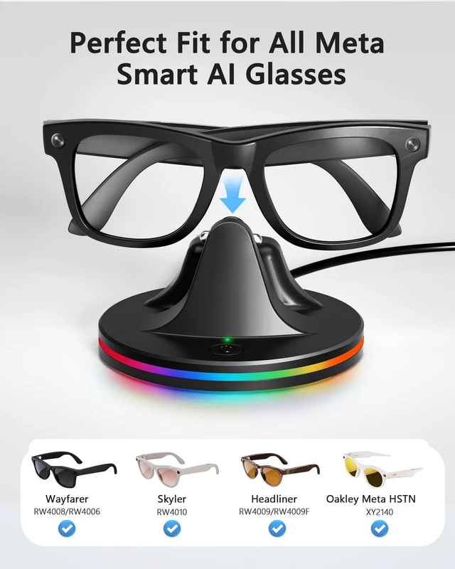 Alt view image 2 of 7 - Charging Station for Meta Ray-Ban Glasses, Black Compatible with Wayfarer, Skyler, Headliner & Oakley Meta HSTN, 7-Color RGB Light and USB-C Cable