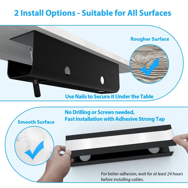 Alt view image 2 of 6 - 2 Pack Large Capacity Cable Management Tray 31.5in (2xL15.7in), Thick PVC Under Desk Cable Tray Kit with 4 Cable Clips & 5 Ties, Standing Cord Management Desk Organizer for Office or Home, Black