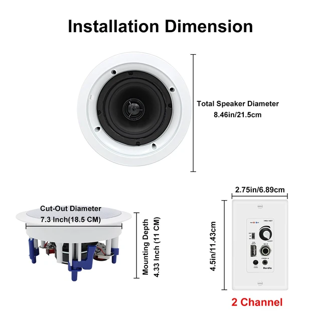 Alt view image 3 of 7 - 5.25'' Home Audio Package Wall Mount Bluetooth Amplifier Receiver System with 300W in Ceiling Wall Passive Speakers Great for Home Theater Office Bathroom Kitchen Living Room (A Pair)