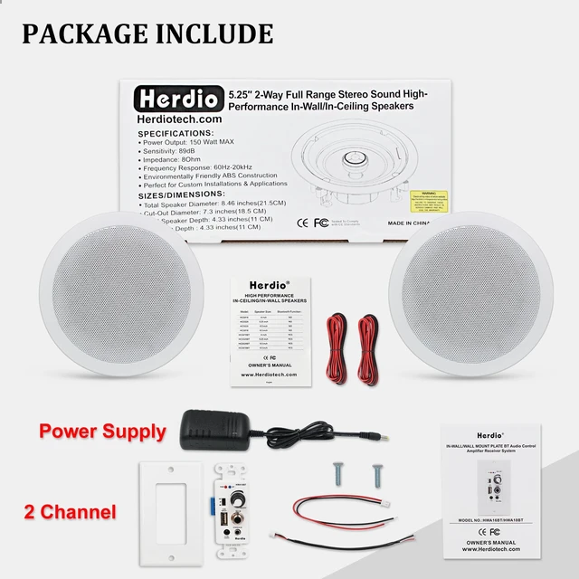 Alt view image 4 of 7 - 5.25'' Home Audio Package Wall Mount Bluetooth Amplifier Receiver System with 300W in Ceiling Wall Passive Speakers Great for Home Theater Office Bathroom Kitchen Living Room (A Pair)