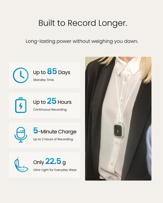 Alt view image 7 of 7 - P1 64GB Wearable AI Voice Recorder and Note Taker for Meetings Real-Time Translation with USB-C, Cloud Storage, Privacy Controls, and Quick Charging for Extended Use