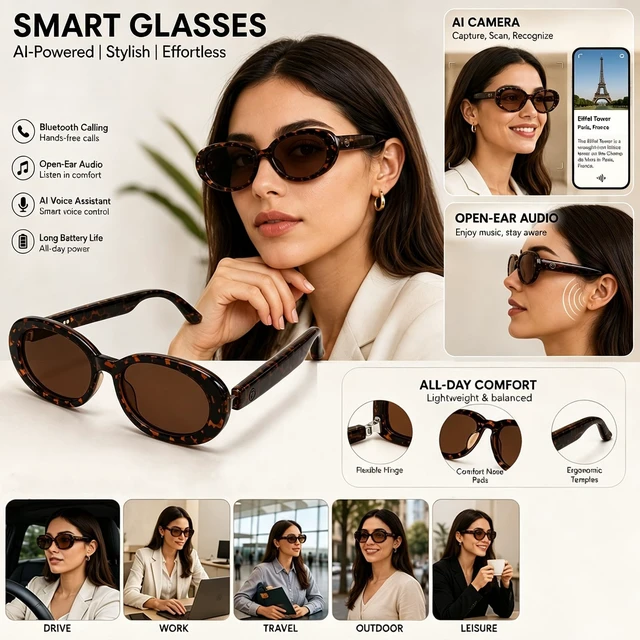 Alt view image 7 of 7 - Tea Cat-Eye Elegant Smart Translation Polarized Sunglasses Women Black Style Bluetooth Glasses with AI Translation, Free App, Polarized Lenses & Open-Ear Audio for Meetings, Driving & Work
