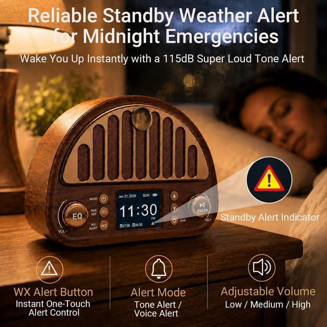 Alt view image 3 of 7 - Vintage FM Radio with Bluetooth & NOAA Weather Alerts & Alarm Clock 40 FM Presets, Digital Tuning LCD Color Screen, USB-C Rechargeable, Retro Style for Home Office Bedroom Kitchen Tabletop
