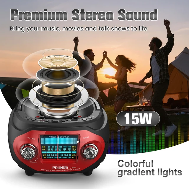 Alt view image 3 of 7 - 15W Retro Bluetooth Speaker with Rich Bass Stereo Best Sound, Radio Portable AM FM, Solar/USB Rechargeable,Vintage Speaker Support AUX/USB Drive, Home,Party, Gift (2026 Update)