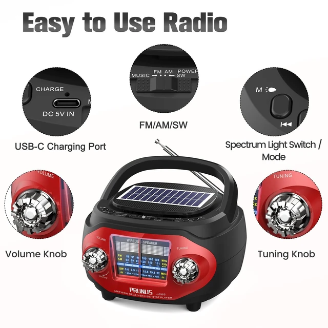 Alt view image 7 of 7 - 15W Retro Bluetooth Speaker with Rich Bass Stereo Best Sound, Radio Portable AM FM, Solar/USB Rechargeable,Vintage Speaker Support AUX/USB Drive, Home,Party, Gift (2026 Update)
