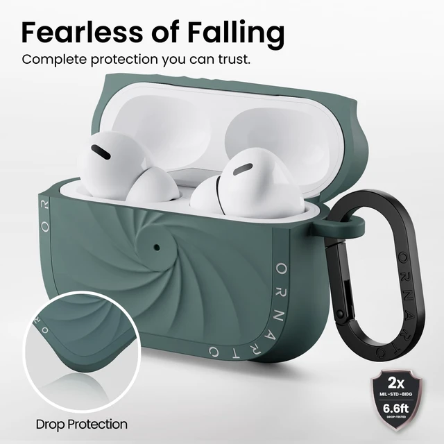 Alt view image 3 of 7 - Vortuxe for AirPods Pro 2 Case & for AirPods Pro Case, Pine Green Style Meets Protection - Velvety Liquid Silicone, 2X MIL-STD Drop Protection, Reinforced Corners, LED Visible, Carabiner