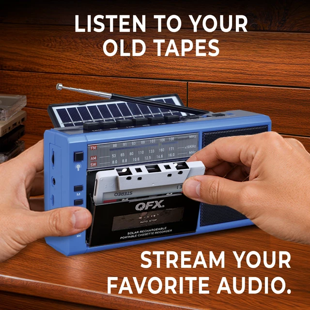 Alt view image 2 of 7 - Retro Bluetooth Boombox Cassette Tape Player Recorder, J-200BT, Blue Portable, Solar Charger Panel, AM/FM/SW Radio, USB/TF Card, Earphone Jack, Built-In Mic, LED Light