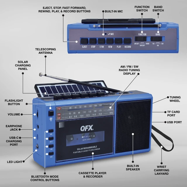Alt view image 4 of 7 - Retro Bluetooth Boombox Cassette Tape Player Recorder, J-200BT, Blue Portable, Solar Charger Panel, AM/FM/SW Radio, USB/TF Card, Earphone Jack, Built-In Mic, LED Light