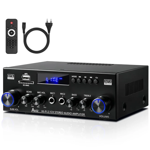 Main image of AK52 Stereo Amplifier Home Audio, Bluetooth Receiver Amplifier, 2.1 Ch 2.1 channel for passive speakers and passive subwoofer, FM radio, USB/SD/AUX, dual mic echo, bass treble control, remote