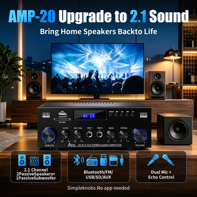 Alt view image 2 of 6 - AK52 Stereo Amplifier Home Audio, Bluetooth Receiver Amplifier, 2.1 Ch 2.1 channel for passive speakers and passive subwoofer, FM radio, USB/SD/AUX, dual mic echo, bass treble control, remote