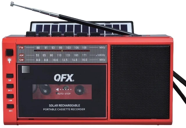 Main image of Retro Bluetooth Boombox Cassette Tape Player Recorder, J-200BT, Red Portable, Solar Charger Panel, AM/FM/SW Radio, USB/TF Card, Earphone Jack, Built-In Mic, LED Light