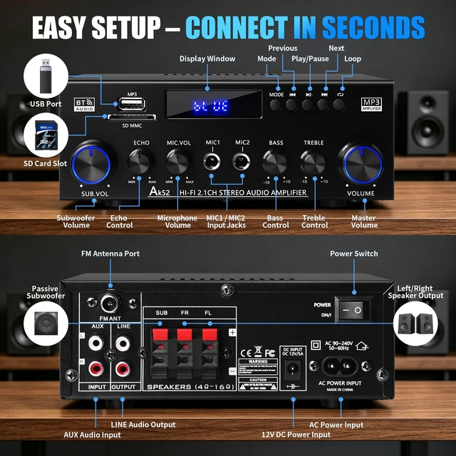 Alt view image 3 of 6 - AK52 Stereo Amplifier Home Audio, Bluetooth Receiver Amplifier, 2.1 Ch 2.1 channel for passive speakers and passive subwoofer, FM radio, USB/SD/AUX, dual mic echo, bass treble control, remote