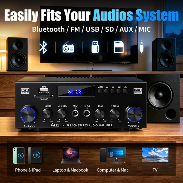 Alt view image 4 of 6 - AK52 Stereo Amplifier Home Audio, Bluetooth Receiver Amplifier, 2.1 Ch 2.1 channel for passive speakers and passive subwoofer, FM radio, USB/SD/AUX, dual mic echo, bass treble control, remote