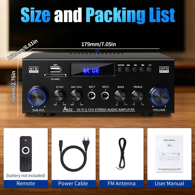 Alt view image 6 of 6 - AK52 Stereo Amplifier Home Audio, Bluetooth Receiver Amplifier, 2.1 Ch 2.1 channel for passive speakers and passive subwoofer, FM radio, USB/SD/AUX, dual mic echo, bass treble control, remote