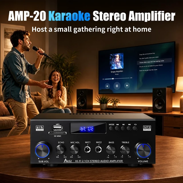 Alt view image 5 of 6 - AK52 Stereo Amplifier Home Audio, Bluetooth Receiver Amplifier, 2.1 Ch 2.1 channel for passive speakers and passive subwoofer, FM radio, USB/SD/AUX, dual mic echo, bass treble control, remote