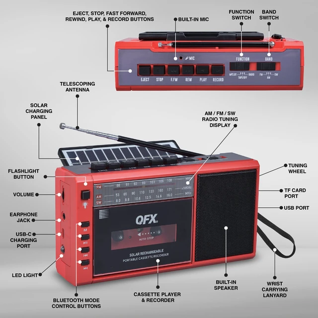 Alt view image 4 of 7 - Retro Bluetooth Boombox Cassette Tape Player Recorder, J-200BT, Red Portable, Solar Charger Panel, AM/FM/SW Radio, USB/TF Card, Earphone Jack, Built-In Mic, LED Light