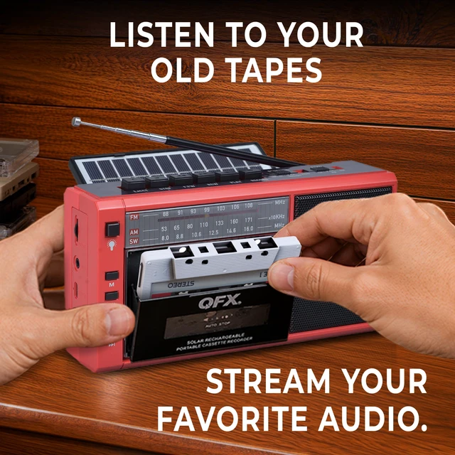 Alt view image 2 of 7 - Retro Bluetooth Boombox Cassette Tape Player Recorder, J-200BT, Red Portable, Solar Charger Panel, AM/FM/SW Radio, USB/TF Card, Earphone Jack, Built-In Mic, LED Light