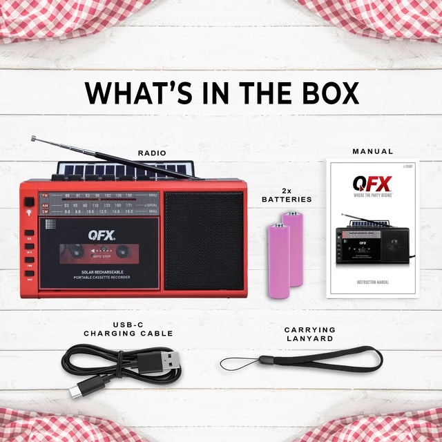 Alt view image 5 of 7 - Retro Bluetooth Boombox Cassette Tape Player Recorder, J-200BT, Red Portable, Solar Charger Panel, AM/FM/SW Radio, USB/TF Card, Earphone Jack, Built-In Mic, LED Light