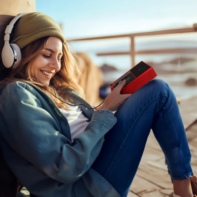 Alt view image 6 of 7 - Retro Bluetooth Boombox Cassette Tape Player Recorder, J-200BT, Red Portable, Solar Charger Panel, AM/FM/SW Radio, USB/TF Card, Earphone Jack, Built-In Mic, LED Light