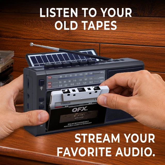 Alt view image 2 of 7 - Retro Bluetooth Boombox Cassette Tape Player Recorder, J-200BT, Black Portable, Solar Charger Panel, AM/FM/SW Radio, USB/TF Card, Earphone Jack, Built-In Mic, LED Light