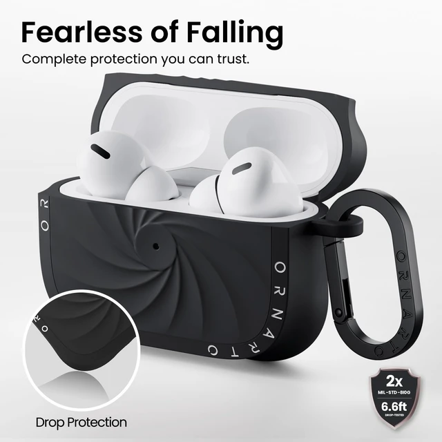 Alt view image 3 of 7 - Vortuxe for AirPods Pro 2 Case & for AirPods Pro Case, Black Style Meets Protection - Velvety Liquid Silicone, 2X MIL-STD Drop Protection, Reinforced Corners, LED Visible, Carabiner