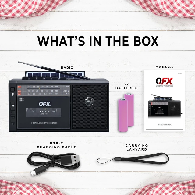 Alt view image 5 of 7 - Retro Bluetooth Boombox Cassette Tape Player Recorder, J-200BT, Black Portable, Solar Charger Panel, AM/FM/SW Radio, USB/TF Card, Earphone Jack, Built-In Mic, LED Light