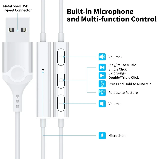 Alt view image 3 of 7 - USB Headphones with Mic for Laptop PC, 7.5ft Magnetic Wired Earbuds White Noise Isolation in-Ear Earphones with Mute Volume Control Stereo Bass for Dell/HP/Acer/Chromebook/Desktop/Zoom Meeting/School