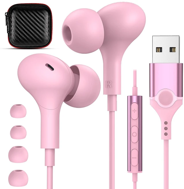 Main image of USB Headphones with Mic for Laptop PC, 7.5ft Magnetic Wired Earbuds Pink Noise Isolation in-Ear Earphones with Mute Volume Control Stereo Bass for Dell/HP/Acer/Chromebook/Desktop/Zoom Meeting/School