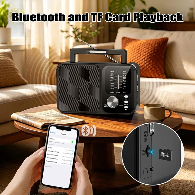 Alt view image 6 of 7 - Portable Radio AM FM with Bluetooth/TF Playback, USB-C or Battery Operated Transistor Radios with Excellent Reception, LED Light, Large Speaker, Foldable Handle & Tuning Light, Gifts for Seniors