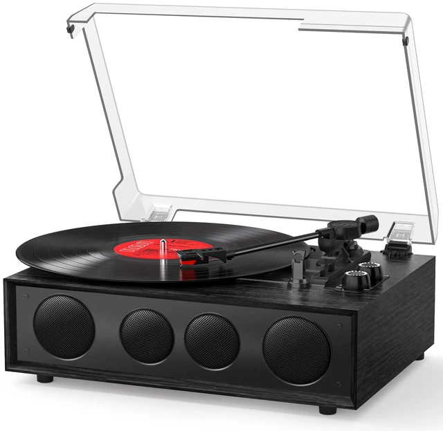Main image of QUADSONA Record Player Bluetooth Turntable with Upgraded 4 Speakers, Black Enhanced Sound, Adjustable Tracking Force, 3-Speed Belt DriveTurntable for Vinyl Records, Auto-Stop, RCA Line-out, AUX Input