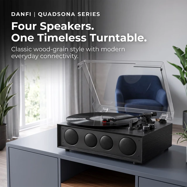 Alt view image 2 of 7 - QUADSONA Record Player Bluetooth Turntable with Upgraded 4 Speakers, Black Enhanced Sound, Adjustable Tracking Force, 3-Speed Belt DriveTurntable for Vinyl Records, Auto-Stop, RCA Line-out, AUX Input