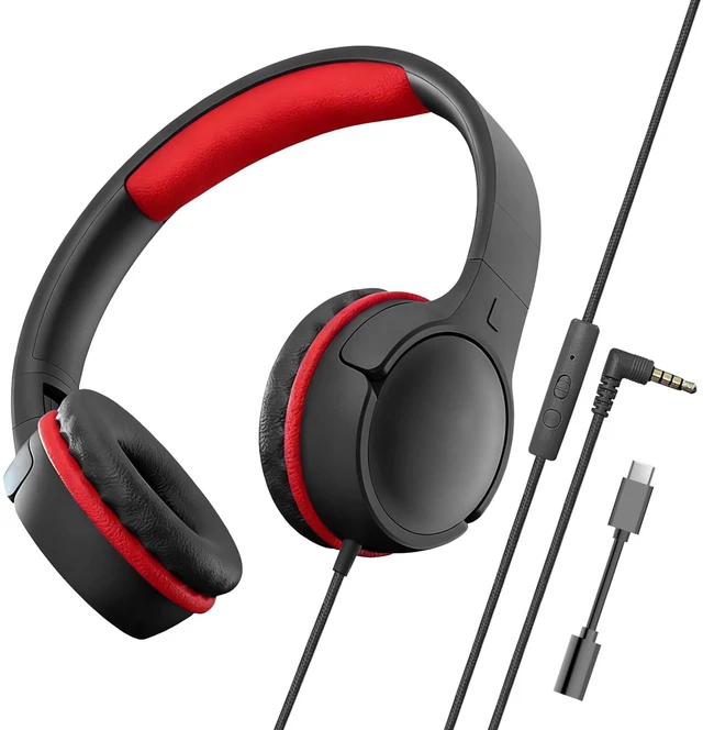 Main image of Kids Headphones with Mic, 85/94dB Volume Limit, 3.5mm & USB-C Foldable over-ear design offers comfortable listening for school, online learning, homework, travel, and everyday use