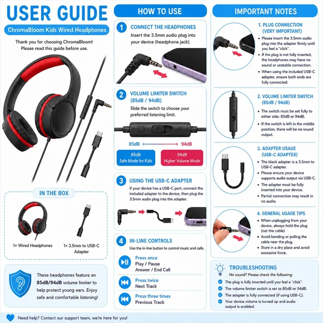 Alt view image 7 of 7 - Kids Headphones with Mic, 85/94dB Volume Limit, 3.5mm & USB-C Foldable over-ear design offers comfortable listening for school, online learning, homework, travel, and everyday use