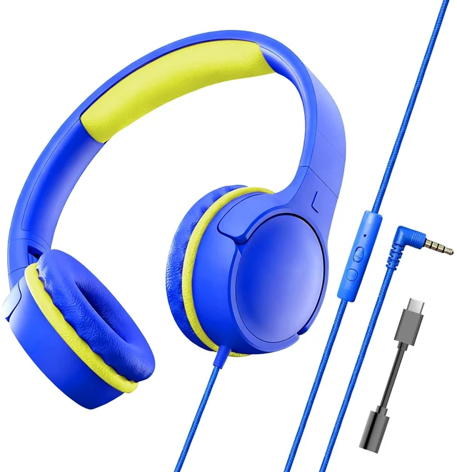 Main image of Kids Headphones with Mic, 85/94dB Volume Limit, 3.5mm & USB-C Foldable over-ear design offers comfortable listening for school, online learning, homework, travel, and everyday use
