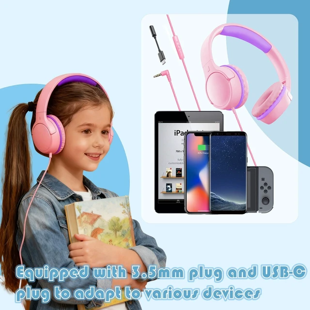 Alt view image 5 of 7 - Kids Headphones with Mic, 85/94dB Volume Limit, 3.5mm & USB-C Foldable over-ear design offers comfortable listening for school, online learning, homework, travel, and everyday use