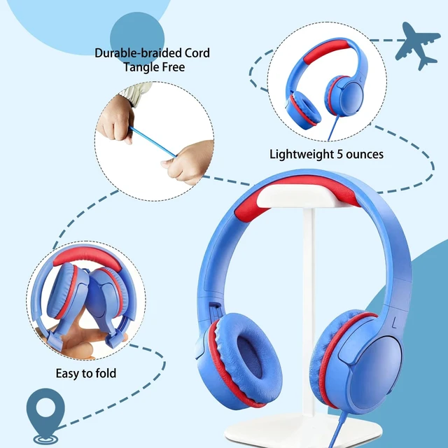 Alt view image 6 of 7 - Kids Headphones with Mic, 85/94dB Volume Limit, 3.5mm & USB-C Foldable over-ear design offers comfortable listening for school, online learning, homework, travel, and everyday use