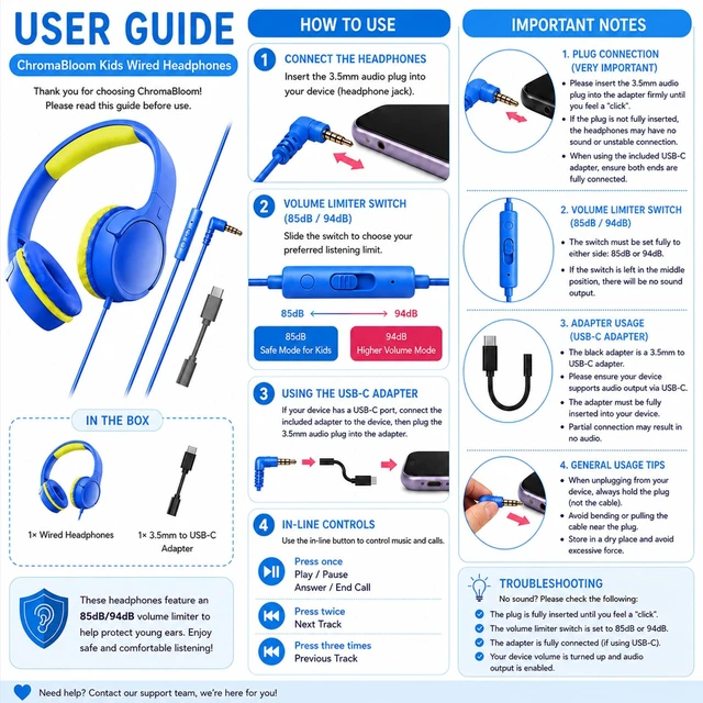 Alt view image 7 of 7 - Kids Headphones with Mic, 85/94dB Volume Limit, 3.5mm & USB-C Foldable over-ear design offers comfortable listening for school, online learning, homework, travel, and everyday use