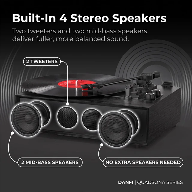 Alt view image 3 of 7 - QUADSONA Record Player Bluetooth Turntable with Upgraded 4 Speakers, Black Enhanced Sound, Adjustable Tracking Force, 3-Speed Belt DriveTurntable for Vinyl Records, Auto-Stop, RCA Line-out, AUX Input