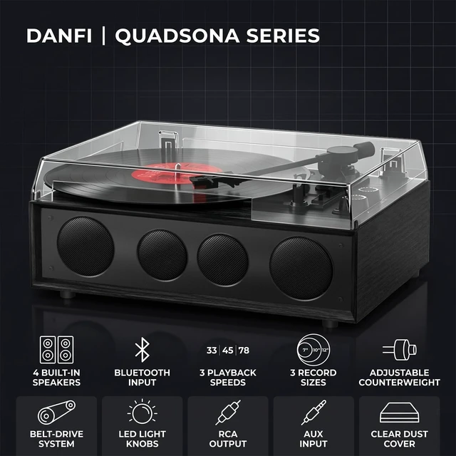 Alt view image 4 of 7 - QUADSONA Record Player Bluetooth Turntable with Upgraded 4 Speakers, Black Enhanced Sound, Adjustable Tracking Force, 3-Speed Belt DriveTurntable for Vinyl Records, Auto-Stop, RCA Line-out, AUX Input