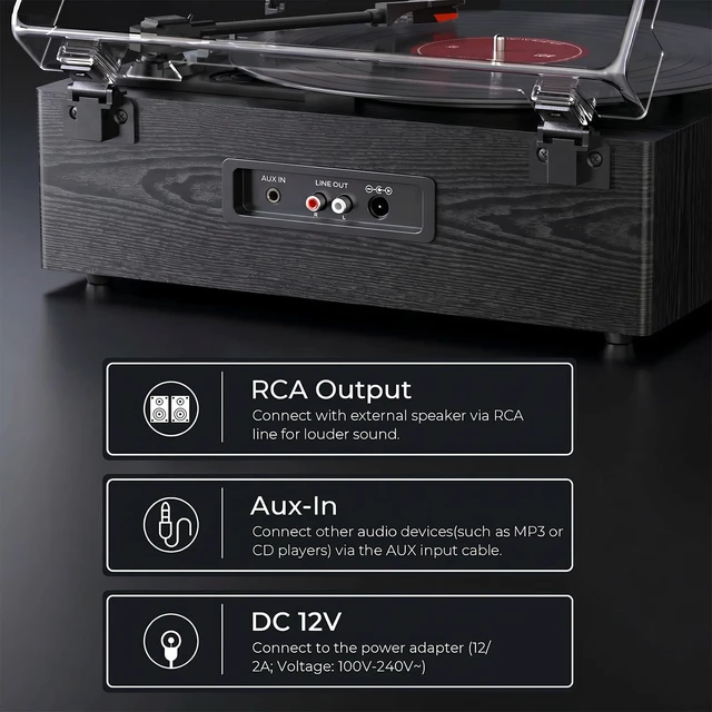 Alt view image 7 of 7 - QUADSONA Record Player Bluetooth Turntable with Upgraded 4 Speakers, Black Enhanced Sound, Adjustable Tracking Force, 3-Speed Belt DriveTurntable for Vinyl Records, Auto-Stop, RCA Line-out, AUX Input