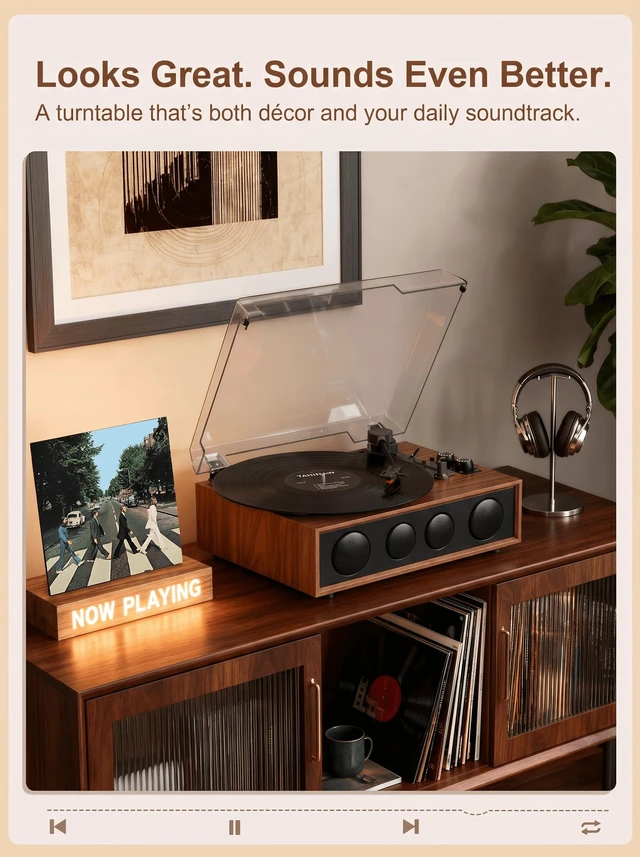 Alt view image 2 of 7 - QUADSONA Record Player with Upgraded 4 Speakers, Bluetooth Turntable, Brown Enhanced Sound, Adjustable Tracking Force, 3-Speed Belt DriveTurntable for Vinyl Records, Auto-Stop, RCA Line-out, AUX Input
