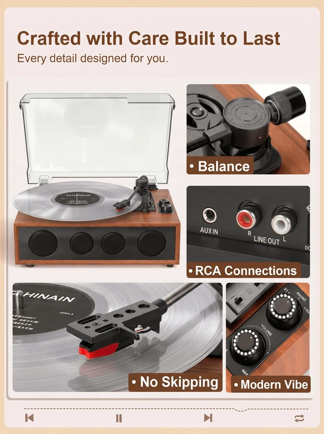 Alt view image 3 of 7 - QUADSONA Record Player with Upgraded 4 Speakers, Bluetooth Turntable, Brown Enhanced Sound, Adjustable Tracking Force, 3-Speed Belt DriveTurntable for Vinyl Records, Auto-Stop, RCA Line-out, AUX Input